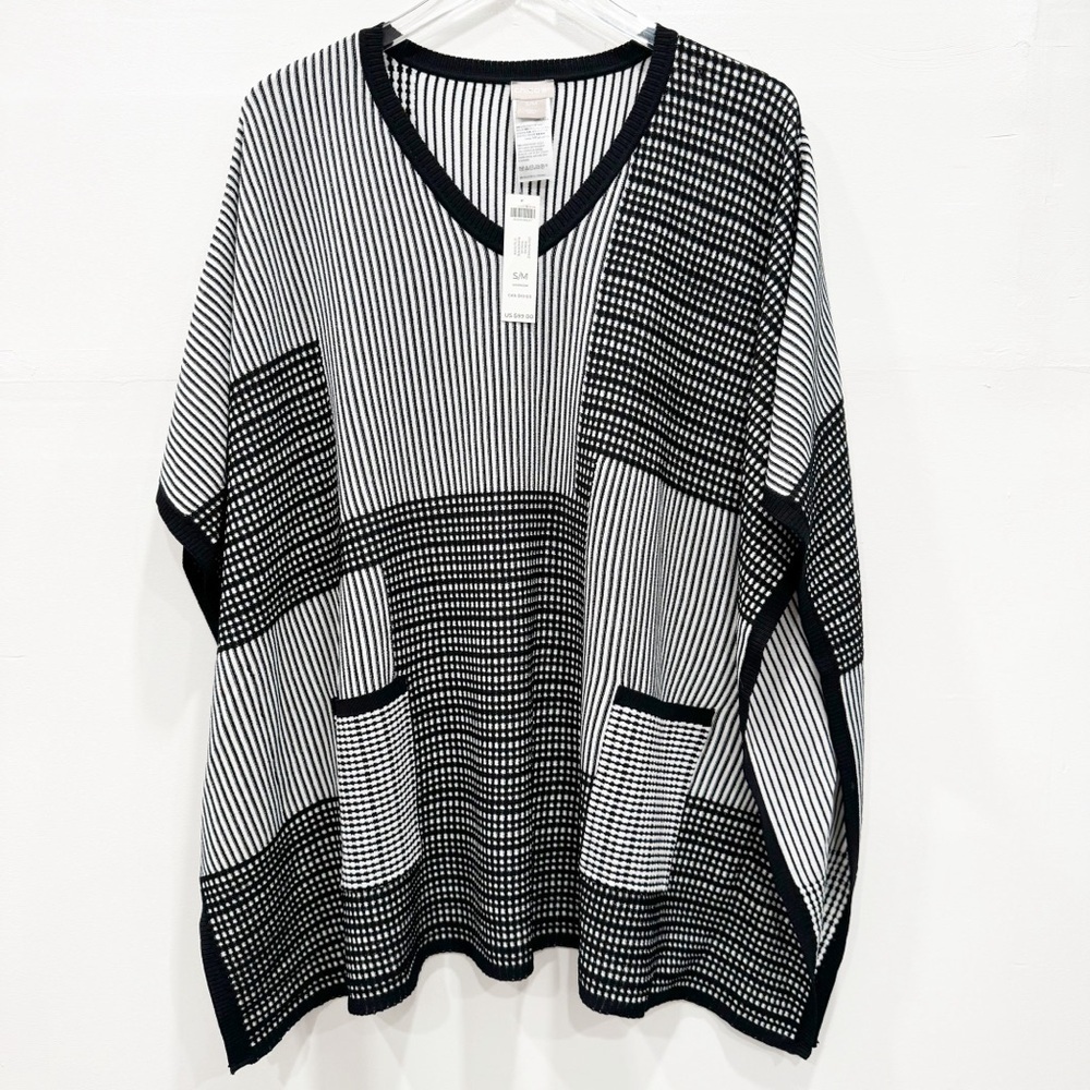 Chico’s Geo Textured Poncho Sweater Black White Small/Medium